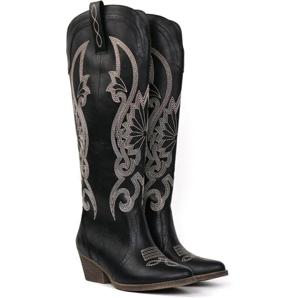 Women's Black Faux Leather Pointed Toe and Block Heel Classic Embroidered Boot
